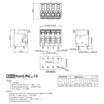 7.5mm Pitch Dual Row Push in Spring Crimping PCB Terminal Blocks 27A 300V