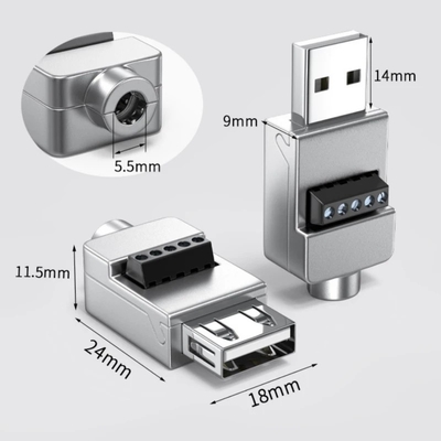 Metal Case USB Male or Female Jack  to 5-pin Screw Terminal Blocks Connector Adapter