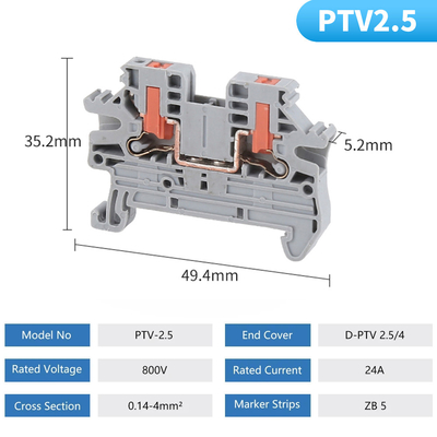 PTV 2.5 Side Entry Push-in Connection Spring Clamp DIN Rail Terminal Blocks Kit Set 24A 800V