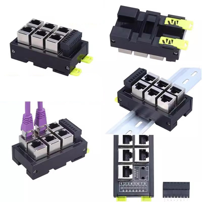 Black RJ45 Female Jack 8P8C 6 Port Hub to 8 Pin Screw Terminal Block Adapter for Servo Application