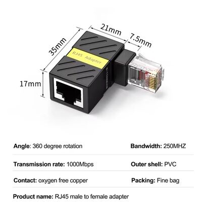 Network RJ45 Adapter Female to Male Cat6A 360 Degree Rotation for LAN Ethernet Network