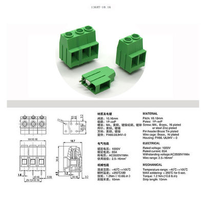 10.16mm Pitch 1000V 65A PCB Screw Terminal Blocks Connector Jointable