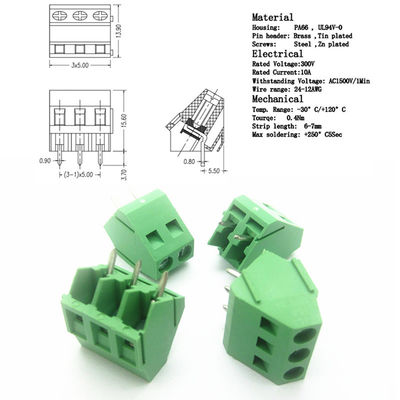 5.0mm Pitch PCB Soldering Mounting Connectors Screw Terminal Blocks 45° Side Entry