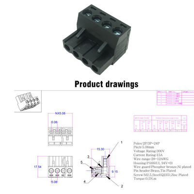 5.08mm Pitch PCB Pluggable Screw Terminal Blocks Plug + Right Angle Pin Header Black