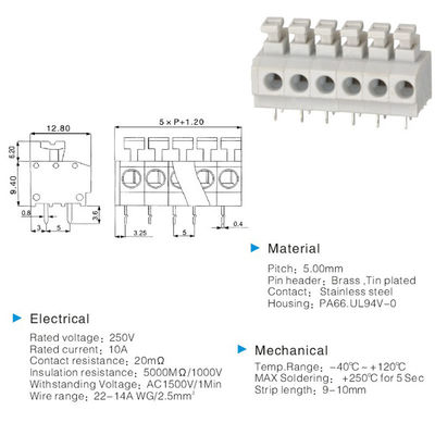 5.0mm Pitch Screwless Spring Clamp Terminal Blocks Jointable