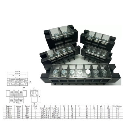 600V 40A 100A 75A 150A Feed Through Wall Mounted Barrier Terminal Blocks 13.0mm 16.0mm 21.0mm 27.0mm Pitch