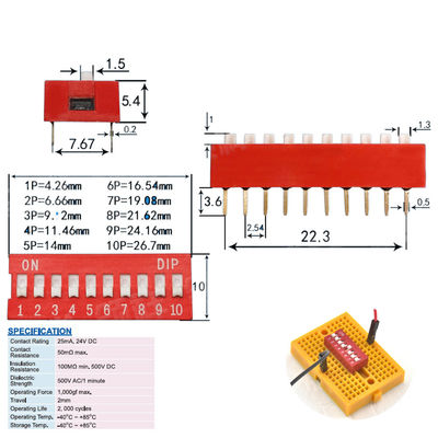 2.54mm Pitch Slide DIP Switch 1 2 3 4 5 6 8 9 10 Positions PCB Mount Double Row Red Blue Black