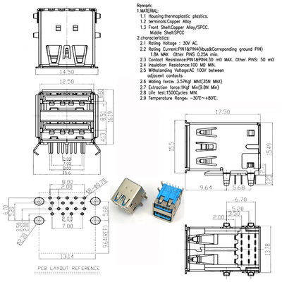 Single or Dual Port USB 3.0 Type A Female Socket Jack PCB Board Connector For Laptop Notebook Computer