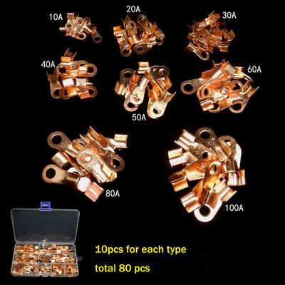 80pcs Open Barrel Wire Crimp Copper Ring Lug Terminals Assortment Set Kit OT 10A  to 100A