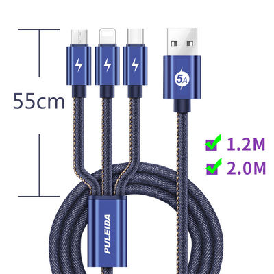 3-in-1 Fast Charge Cable USB Type C 5 Amp Data Charge Cable Braided Fabric Cord