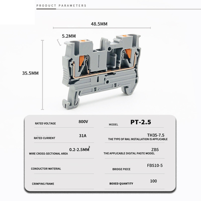 PT 2.5 Din Rail Mounted Connector Push In Connection Spring Clamp Terminal Blocks Kit