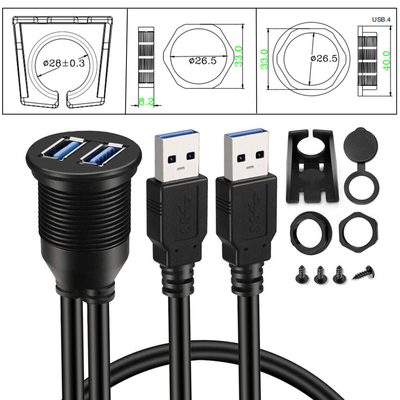 Car Dashboard Panel Flush Mount USB 3.0 Dual Port Dock Adapter Male to Female Extension Cable