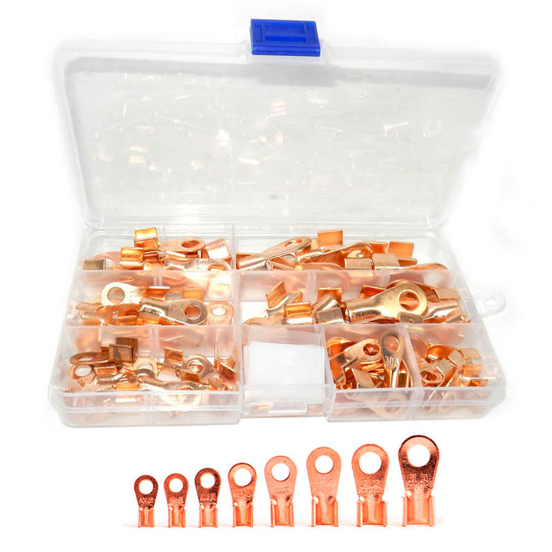 80pcs Open Barrel Wire Crimp Copper Ring Lug Terminals Assortment Set Kit OT 10A  to 100A