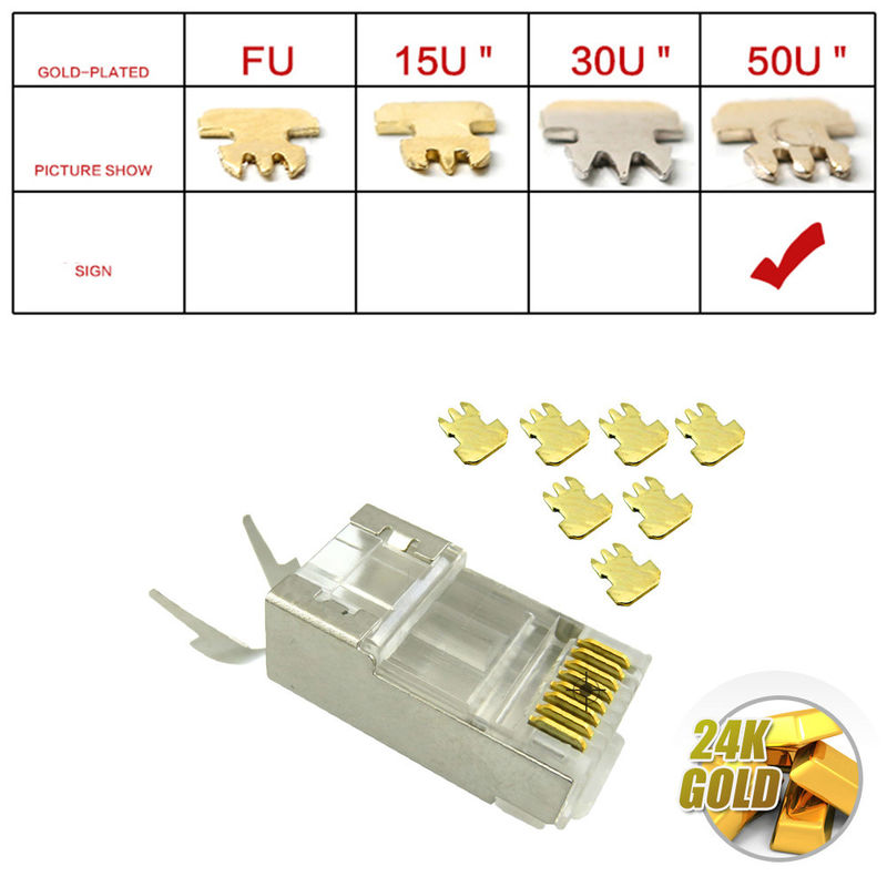 RJ45 Modular PLugs Cat7 Shielded Connectors 8P8C Two-piece Design 50u Gold Plated