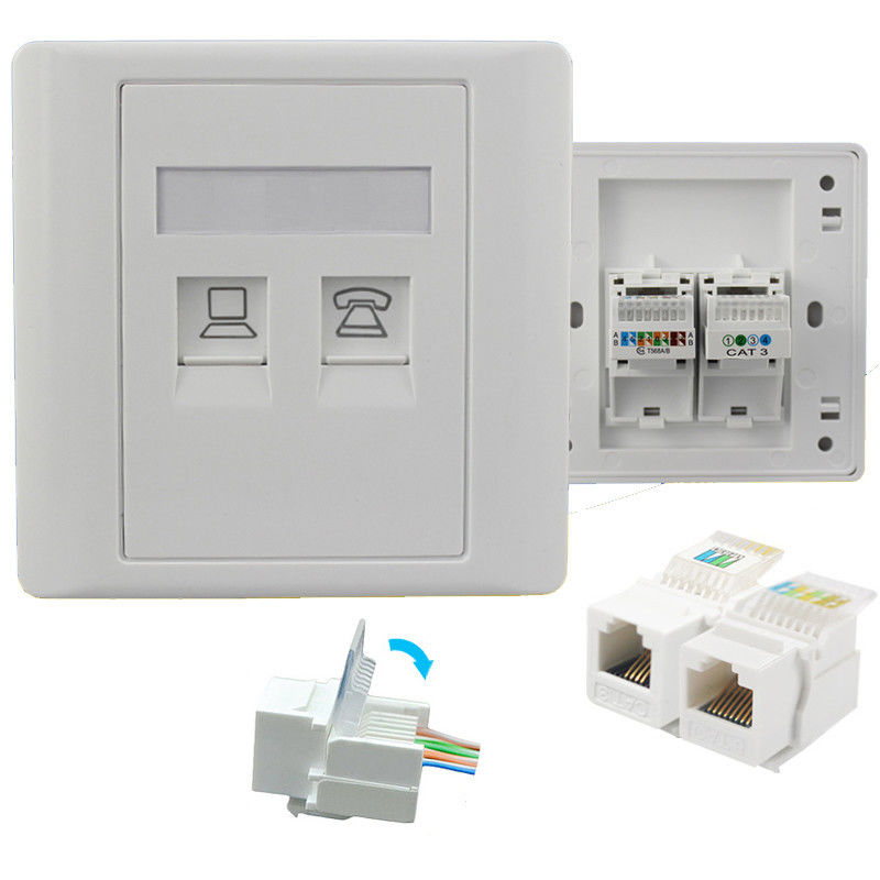 Dual Port  RJ11 RJ45 Telephone Network Modular Jack Cat5E Quick Clamp For Wall Socket Outlet